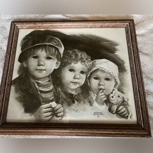 Vintage Framed Charcoal Portrait of Three Children Diane Dengel Vintage